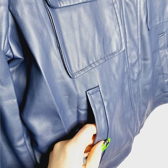 Something Navy Boxy Faux Leather Jacket Vegan Women's XL Shacket Patch Pockets - Picture 5 of 14